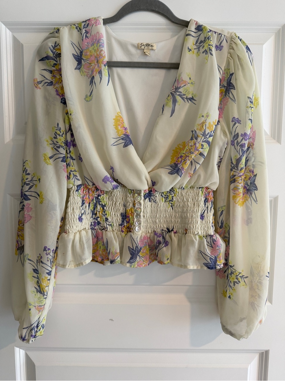 Lily White Cream Floral Wrap Blouse with Pink Yellow & Purple Blooms
